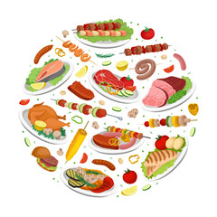 Grilled Food Round Composition Design with Delicious Dish Served on Plate Vector Template