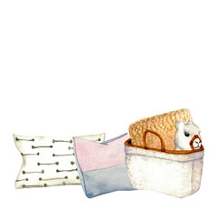 Wicker basket. Toy lama. Watercolor illustration interior of living room. Clipart. Home decor elements on a white background.