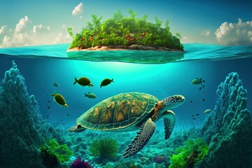 Green underwater view of a tropical island with birds and coral reef made on the shell of a swimming giant green turtle. Background with copy space and sea turtle in tropical island