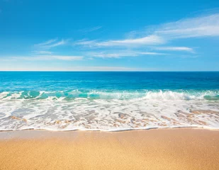 Schilderijen op glas sandy beach and tropical sea © Alexander Ozerov