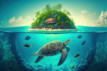 Green underwater view of a tropical island with birds and coral reef made on the shell of a swimming giant green turtle. Background with copy space and sea turtle in tropical island