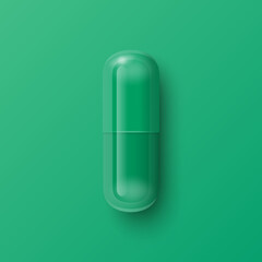 Vector 3d Realistic Green Pharmaceutical Medical Pill, Capsule, Tablet on Green Background. Front View. Herbal Medicine Concept