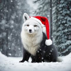 cute christmas arctic fox in the snow in santa hat, falling snow and trees covered in snow in the background