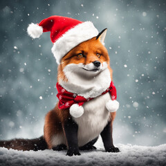 cute christmas red fox in the snow in santa hat and scarf, falling snow 