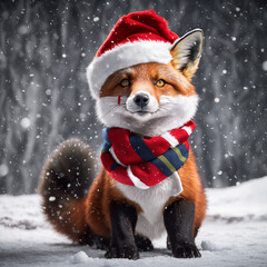 cute christmas red fox in the snow in santa hat and scarf, falling snow and trees covered in snow in the background