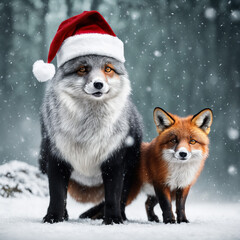 cute christmas arctic fox and cub in the snow in santa hat, falling snow and trees covered in snow in the background