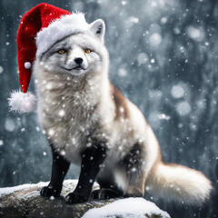 cute christmas arctic fox in the snow in santa hat, falling snow and trees covered in snow in the background