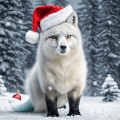 cute christmas arctic fox in the snow in santa hat, falling snow and trees covered in snow in the background