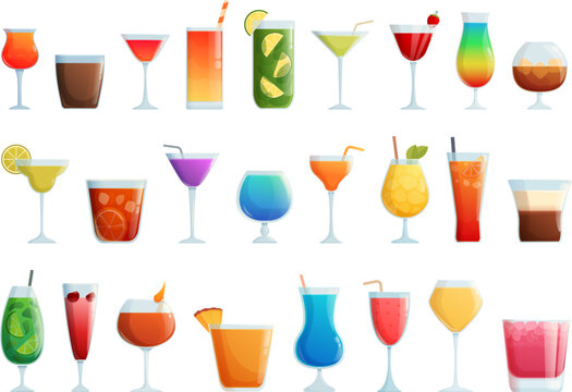 Alcoholic cocktail icons set cartoon vector. Food drink. Summer wine