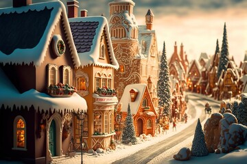gingerbread town street with gingerbread houses, christmas mood - obrazy, fototapety, plakaty