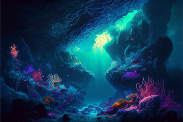 Underwater world scene. Coral reef and sun ray shining through clean ocean water. (Created with Generative AI technology)