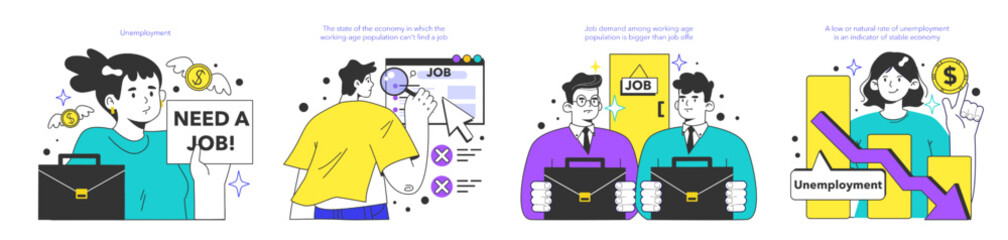 Unemployment concept set. Social problem of occupancy, job offer