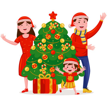 Family Decorating Christmas Tree Vector Illustration