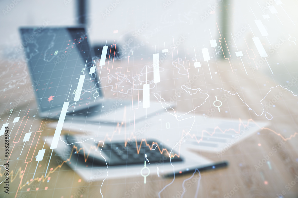 Poster double exposure of abstract creative financial diagram and world map on calculator and pc background