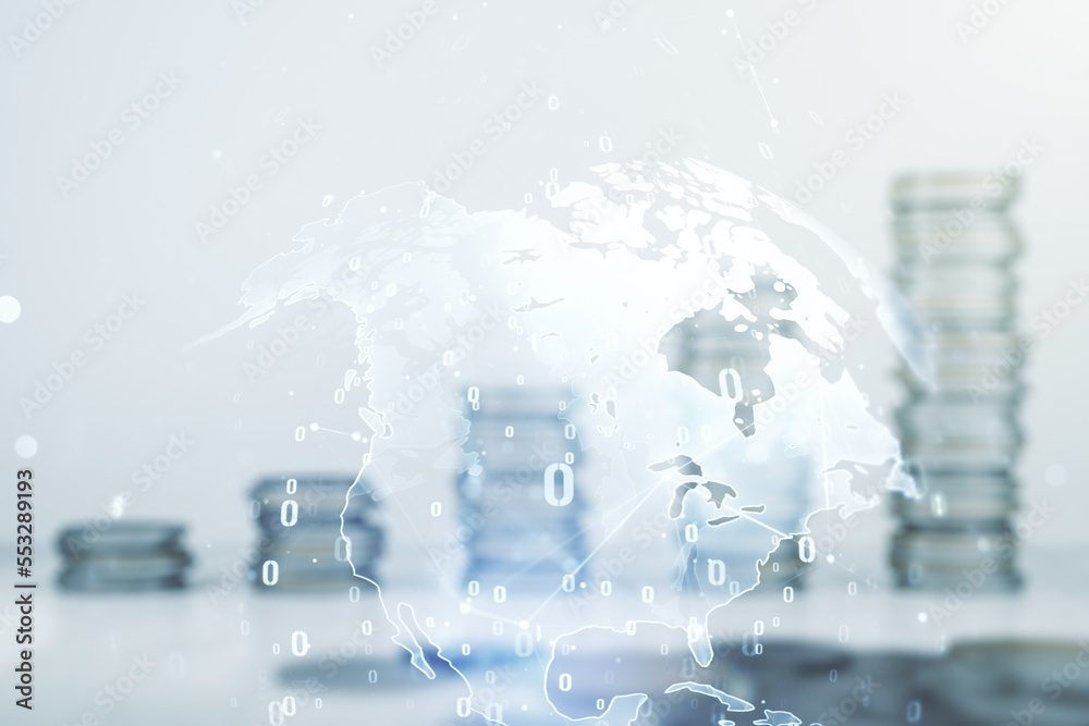 Aufkleber multi exposure of abstract software development hologram and world map on growing stacks of coins ba