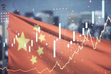 Abstract virtual financial graph hologram on flag of China and blurry cityscape background, forex and investment concept. Multiexposure
