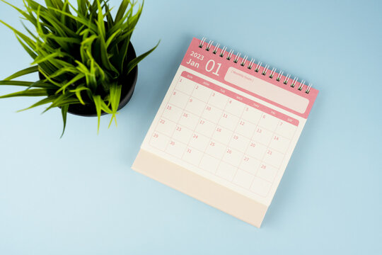 January 2023 Desk Calendar On Blue Background Flay Lay