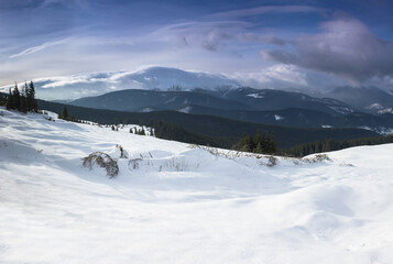 Panoramic landscape of the snow-capped mountain peaks on a sunny winter day. Carpathian mountains range. Europe.
