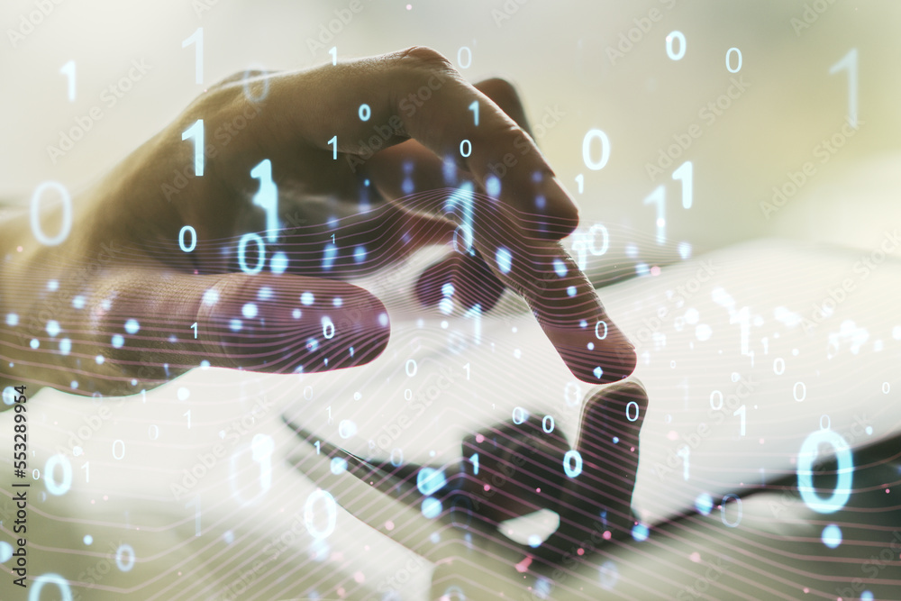 Aufkleber creative abstract binary code hologram and finger presses on a digital tablet on background, ai and 
