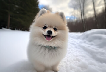 A Cute Fluffy Pomeranian Puppy Dog, with a Winter Snow background. Generative AI.