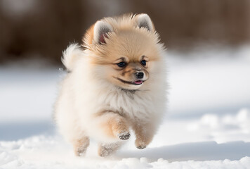 A Cute Fluffy Pomeranian Puppy Dog, with a Winter Snow background. Generative AI.