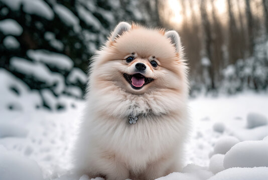 A Cute Fluffy Pomeranian Puppy Dog, with a Winter Snow background. Generative AI.