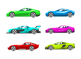 Race Car Colorful Model for Road Speed Competition Side View Vector Set