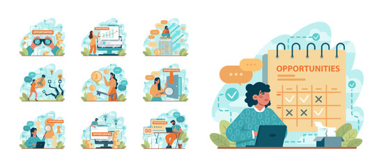 Fototapeta premium New opportunities set. New business ideas or decisions. Character looking