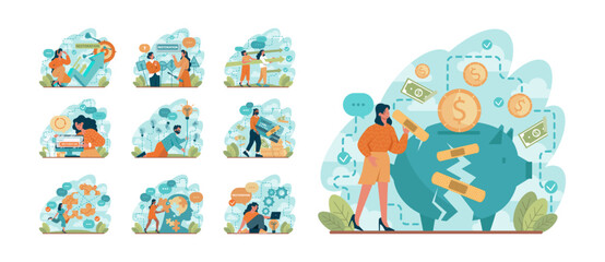 Restoration concept set. Post crisis growth or recovery. Process