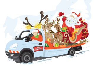 Obraz na płótnie Canvas Funny Santa Claus Merry Christmas Tree Happy New Year Celebration Stars Christmas Gift Christmas Postcard Website illustration