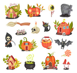 Halloween Symbols and Attributes with Pumpkin House, Bat, Black Cat, Skull and Death Big Vector Set