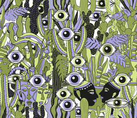 Seamless pattern with fantasy plants and eyes - green colors. - 553290796