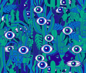 Seamless pattern with mistical jungle - blue colors - 553290799
