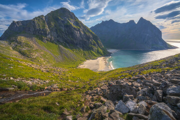 beautiful sunset at kvalvika beach on the lofoten islands in norway