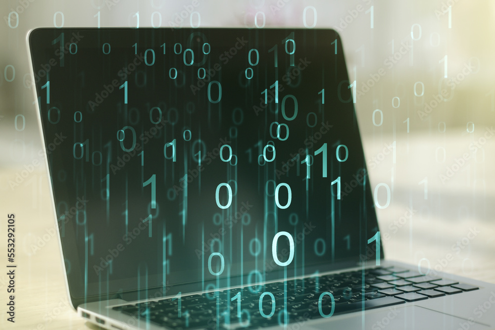Aufkleber Creative abstract binary code hologram on modern computer background, AI and machine learning concept. Multiexposure