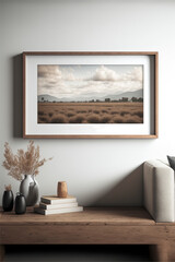 mock up image framed on wall with vases, books or 
 other decor on console table