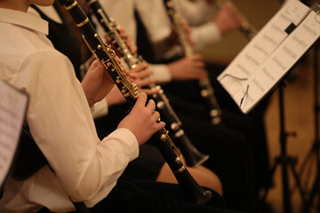 A group of children playing wind instruments at a school concert sitting in a row a close-up view...