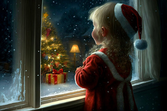 child in the window on christmas night