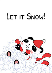 Greeting card with baby panda lying in snowdrift vector illustration. Doodle panda bear character wearing Santa hat. Let it snow. Flat style