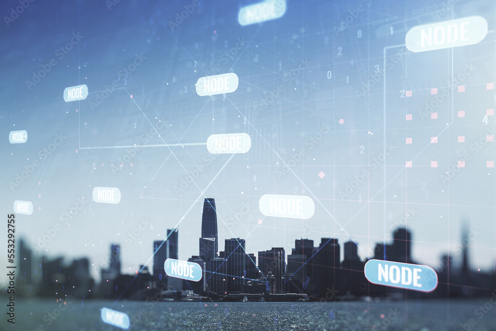 Aufkleber double exposure of abstract programming language interface on san francisco city skyscrapers backgro