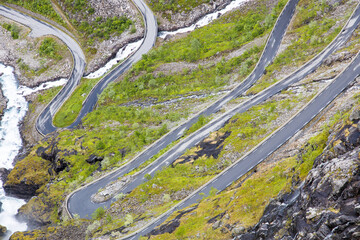 Aerial view of a winding road on the famous Trollstigen mountain pass road in Norway