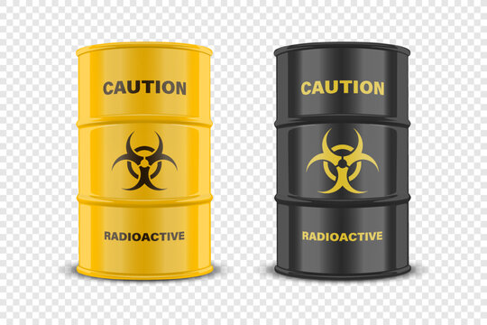 Vector 3d Realistic Yellow Barrel, Hazard Liquid. Caution, Radioactive, Hazardous Chemical Materials, Toxic Pollution, Danger Barrel Set with Biohazard Sign Closeup Isolated. Front View