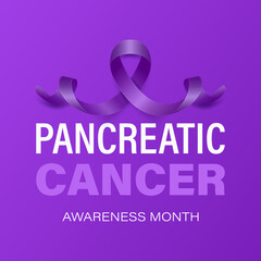 Pancreatic Cancer Banner, Card, Placard with Vector 3d Realistic Purple Ribbon on Purple Background. Pancreatic Cancer Awareness Month Symbol Closeup. World Pancreatic Cancer Day Concept