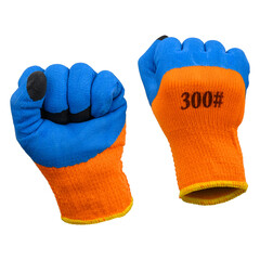 orange working glove with a rubber protective layer on an isolated background. Two hands are shown, fingers clenched into a fist.