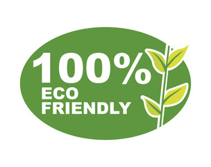 Vector illustration of green logo with 100 per cent eco friendly text and green leafs. Environment symbol element