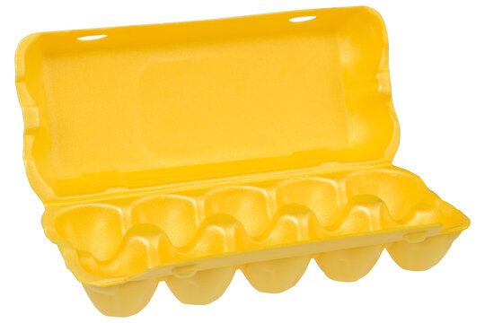 open empty plastic egg box on white background. modern degradable packaging