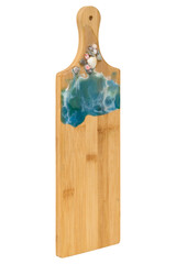 A narrow wooden cutting board, highlighted on a white background with an epoxy resin decoration. angle view
