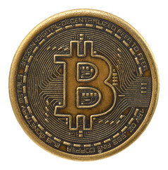 Close up golden coin with bitcoin symbol isolated on white background with clipping path