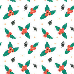 Christmas berry holly pattern background. Hand drawn vector wallpaper and Christmas paper design