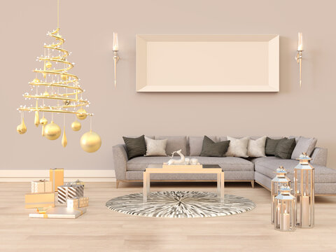 Living room interior with hanging golden Christmas tree and gray sofa. 3D render.